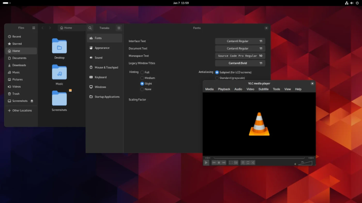 Aplikasi Nautilus (GTK4), GNOME Tweaks (GTK3), dan VLC (QT5) memiliki tampilan yang seragam