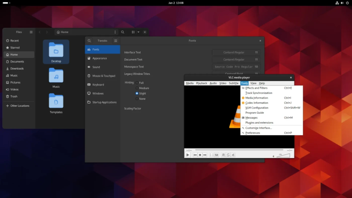 Tampilan aplikasi Nautilus (GTK4), GNOME Tweaks (GTK3), dan VLC (QT5)