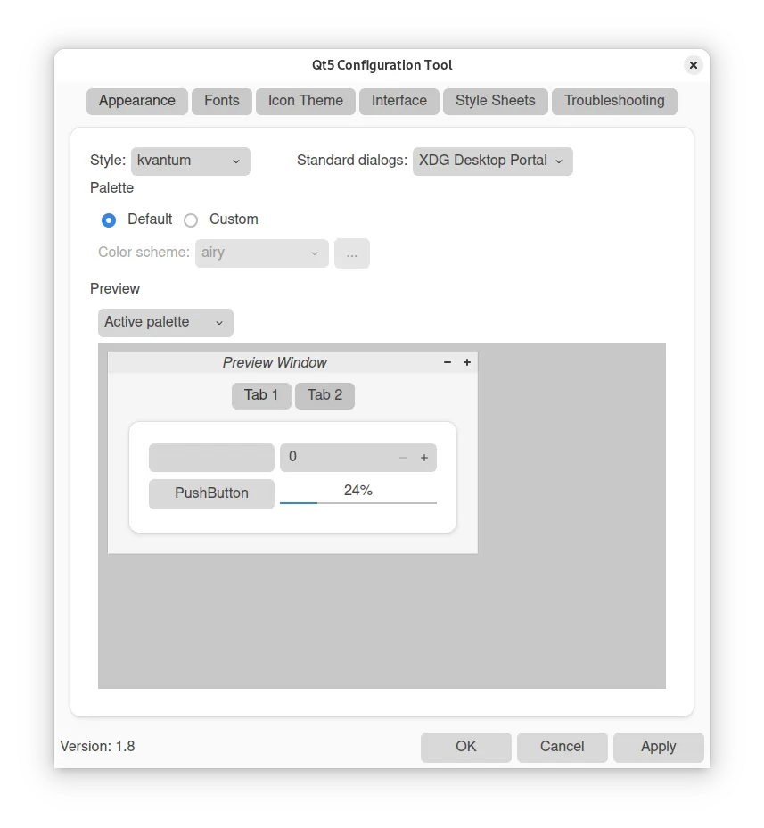 Tampilan aplikasi qt5 configuration tools.