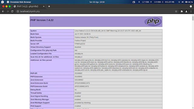 Output phpinfo di apache pada os fedora