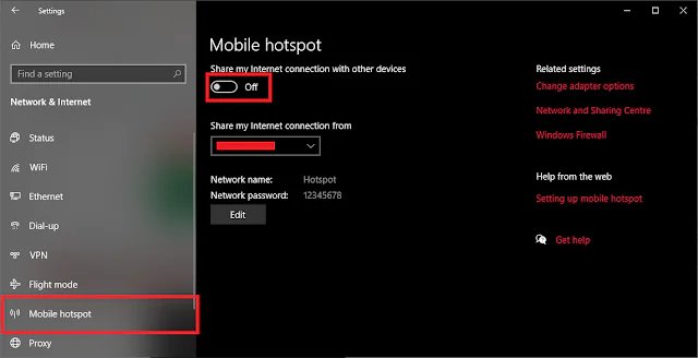 Tampilan pengaturan Mobile Hotspot Windows 10