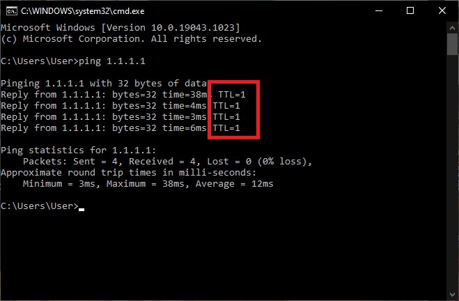 Ping yang menghasilkan TTL 1 pada Windows